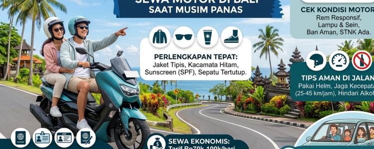 Infografis panduan lengkap sewa motor di Bali saat musim panas, menampilkan tips keamanan, dokumen wajib, dan estimasi harga sewa motor.